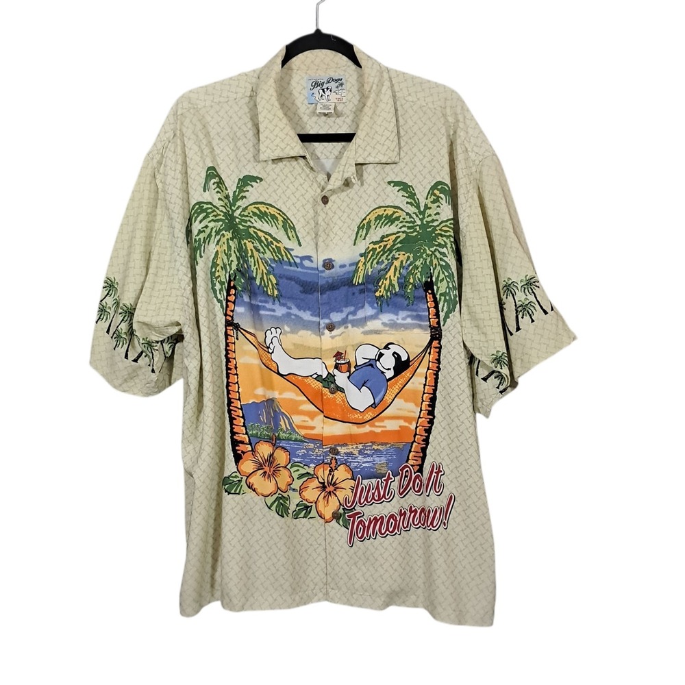 VTG 90s Big Dogs‎ Hawaiian Camp Shirt XL Button Up Baggy Resortwear Travel Beach